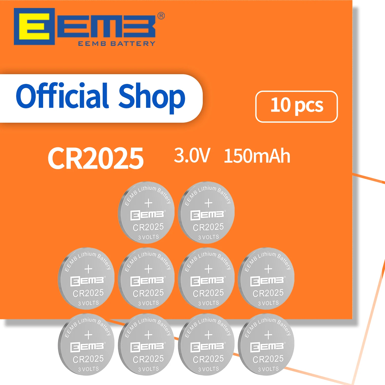 EEMB 10PCS CR2025 Button Battery 2025 3V 150mAh Lithium Battery Coin Cell Batteries for Toy Watch Calculator Tablets Scale