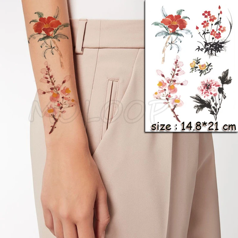 

Ink and Wash Painting Water Transfer Tattoo Stickers Women Body Chest Art Temporary Girl Waist Bracelet Flash Tatoos Flower