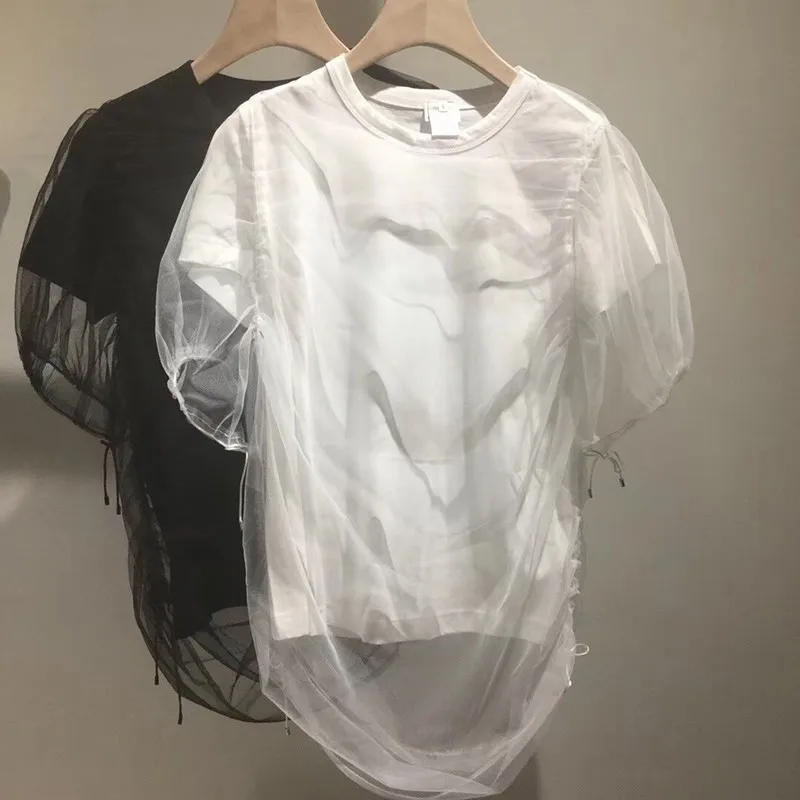 TWOTWINSTYLE Mesh Lace Up T Shirt For Women O Neck