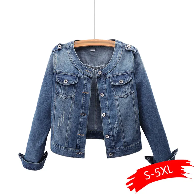 

Plus Size Round Collar Jeans Jacket 4XL 5XL Sweet Women Light Blue Bomber Short Denim Jackets Long Sleeve Jaqueta Casual Coat