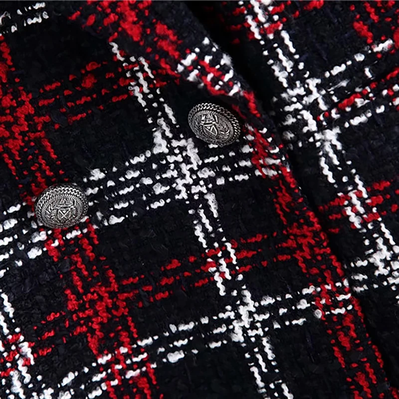 wonderful Women Fashion Tweed Red Plaid Za Long Jacket 2019 Autumn-winter Female Long Sleeve V-neck Warm Loos