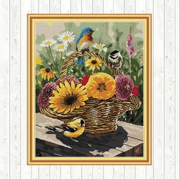

Bird and Flower Basket Pattern Embroidery Kit Cross Stitch Fabric DMC 14CT Counted Printed Canvas 11CT DIY Handmade Needlework