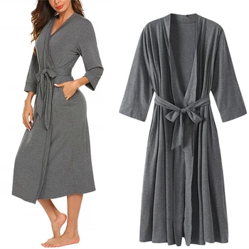 

Cotton Kimono Gown Female V-neck 4/3 Sleeve Lightweight with Belt Long Robe Autumn Summer Warm Bathrobe Casual Soft Wedding Robe