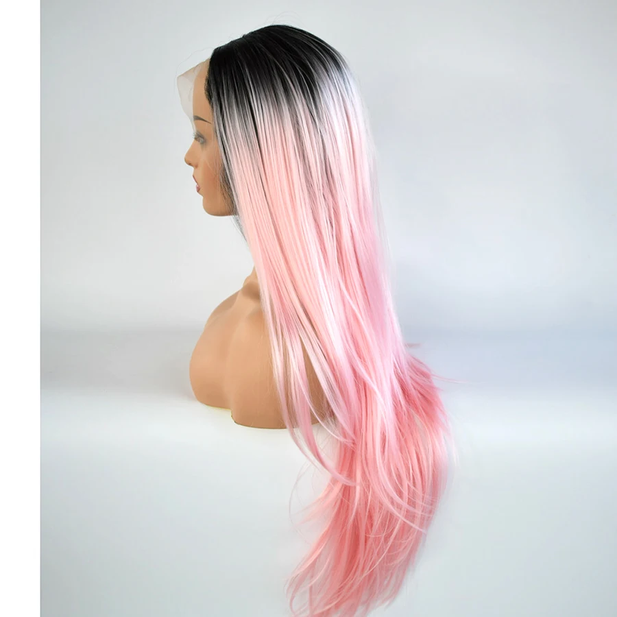 Натуральные длинные волнистые волосы из термостойкого волокна с эффектом омбре, черного и розового цветов, синтетические парики на кружеве, вечерние парики для косплея