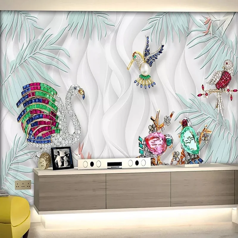 

Custom large mural 3D wallpaper Modern fashion creative flower luxury pearl gem flower bird TV back wall decor 5D embossed