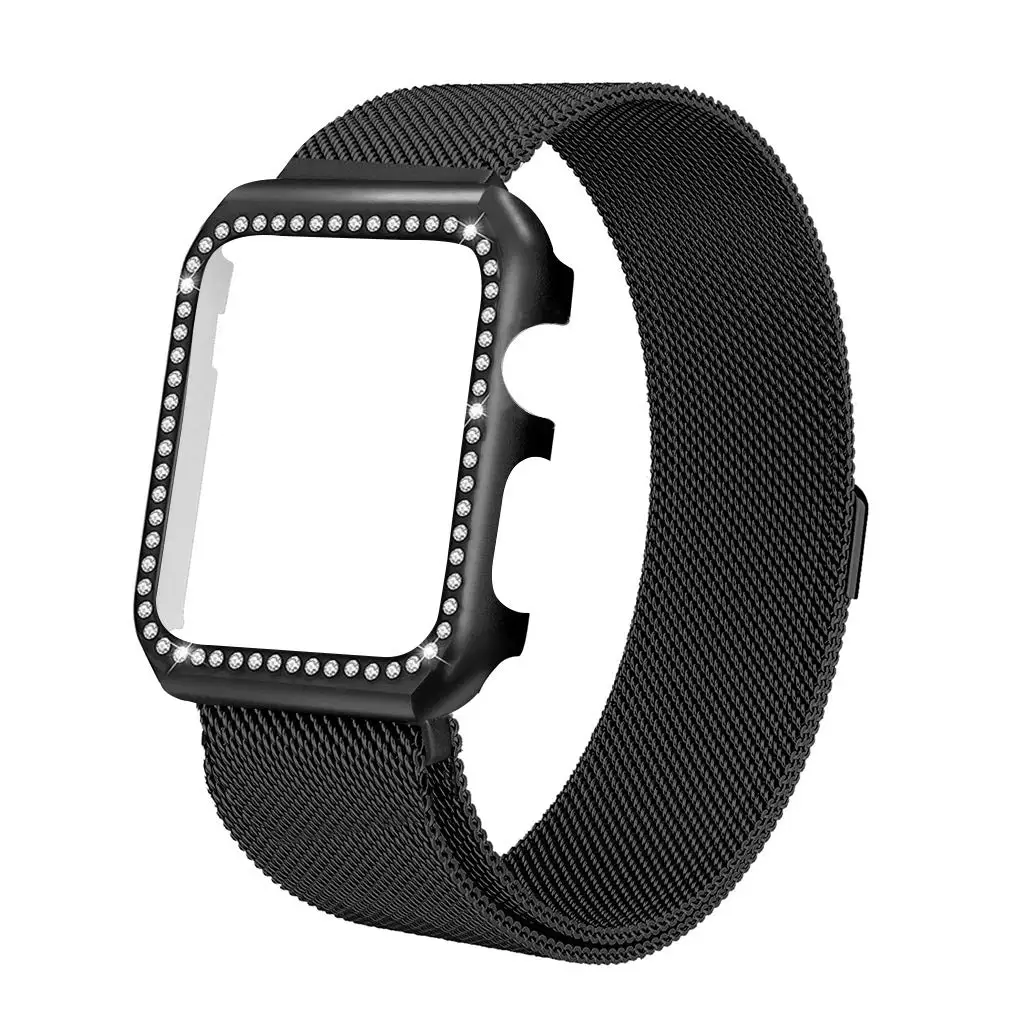 Миланская петля+ Алмазный чехол для Apple Watch 42 мм 38 мм браслет из нержавеющей стали ремешок для iWatch 40 мм 44 мм серия 5 4 1 2 3 - Цвет ремешка: black