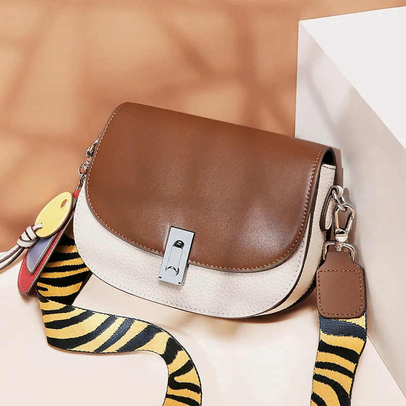 

2019 New Style Contrast Color WOMEN'S Leather Bags Retro Fashion Wide-Strap Saddle Bag Shoulder Cross-body Semicircle Bag