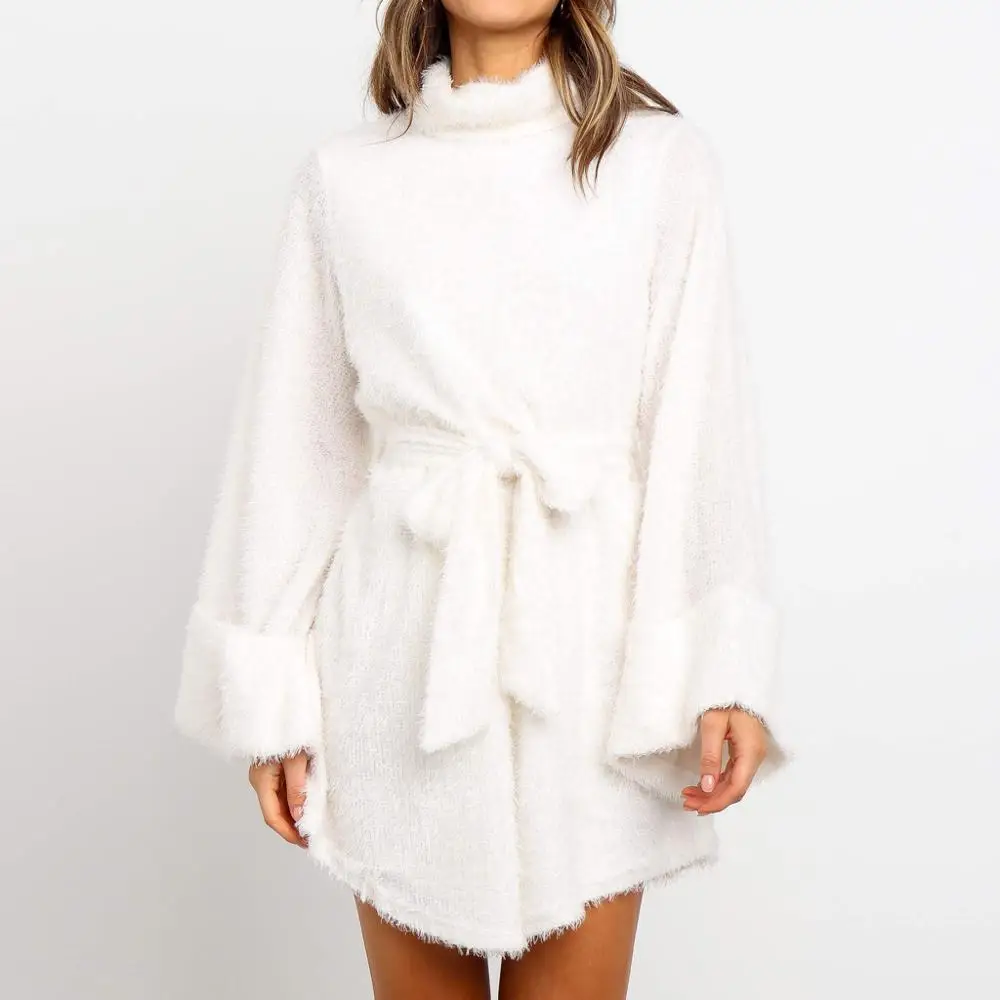 Women Casual Elegant Solid Dress Flare Sleeve Belt Short-Pile Velour Mini Dress see through dress mini dress womens dress 25H Women Casual Elegant Solid Dress Flare Sleeve Belt Short-Pile Velour Mini Dress see through dress mini dress womens dress 25H