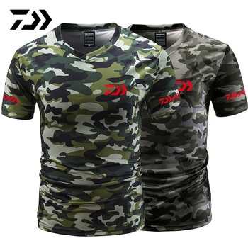 

Daiwa Fishing Tshirt Summer Anti-sweat V Neck Camouflage Green Fishing T-shirt Sports Wear Breathable Quick Dry Fishing Clothing