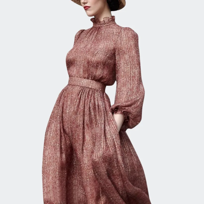 

Staple Collar Ear Print Dress Autumn Retro Waist Foam Sleeve Chiffon Mid-long A-shaped Tide 2019 Lantern Sleeve Sexy Dress