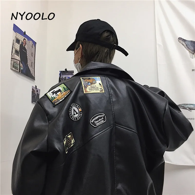 NYOOLO Autumn Winter street pockets motorcycle jacket Casual loose Covered Button PU leather Bomber jackets women men outerwear