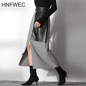 

can ship vintage black white Lattice patchwork Pu Leather Half-body skirt 2020 spring summer new High Waist vent V875