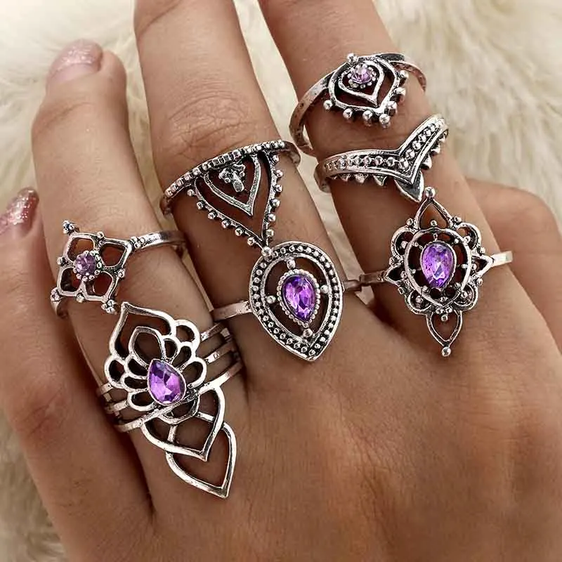 

7PCS/Set Bohemian Antique Silver Ring Geometric Flower Crystal Knuckle Midi Finger Ring Set Female Wedding Anniversary Jewelry