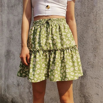 

Holiday Daisy Printed Pleated Women's Mini Skirt Elastic High Waist Loose Female Short Skirts 2020 Summer Fashion Ladies Bottoms