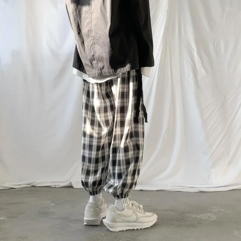 Autumn Korean Plaid Pants Men's Fashion Retro Drawstring Casual Pants Men Streetwear Loose Hip Hop Straight Pants Men Trousers
