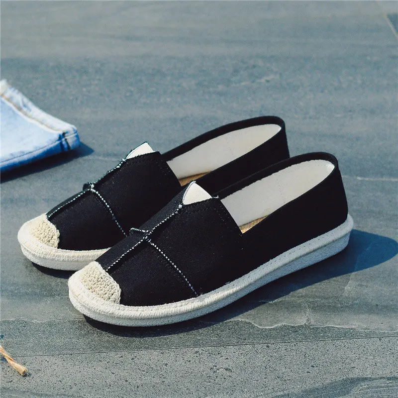 Cena Nowe damskie szycie lniane buty haftować wkładane mokasyny obuwie damskie espadryle konopne płótno płaskie buty retro Plus Size