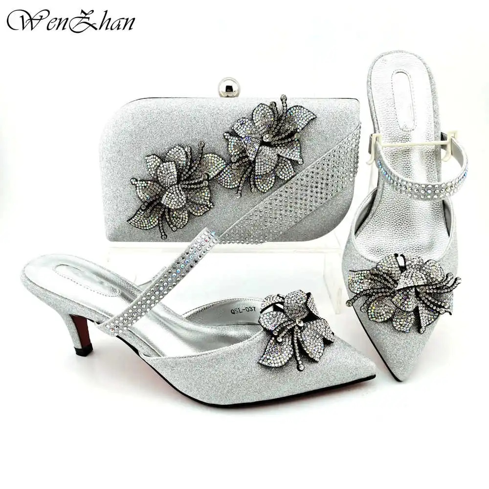 

Novelty Design Summer Shoes And Bag Set in Sliver Color High Quality Italian Lady Shoes With Matching Bag For Party b17-12