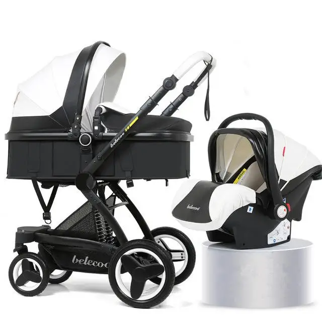 Black pole white B 3 in 1 High Landscape Baby Stroller Luxury Travel Pram Reversible Trolley Pink with Car Seat - Цвет: Black pole white B