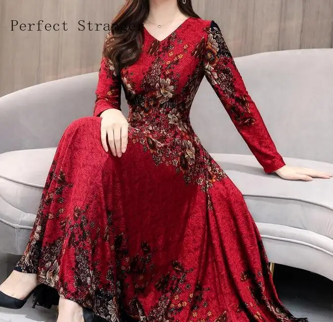 Goede Hoge Kwaliteit Plus Size S 5XL Herfst Winter Nieuwe Collectie V Kraag Bloem Gedrukt Lange Mouwen Vrouw Lange Jurk