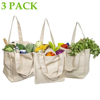 

Canvas Grocery Shopping Bags with Bottle Sleeves 100% Organic Cotton Cloth Tote Bags Washable & Eco-friendly Handle Bag