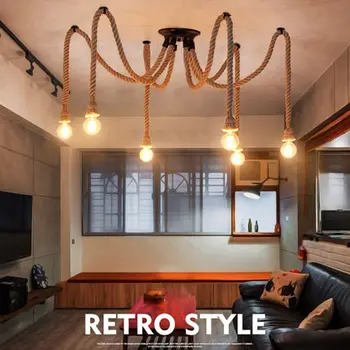 

Hemp Rope Antique Ceiling Lamp Hanging Edison Lighting Multi Adjustable Ceiling Chandelier (Not Include Bulbs)