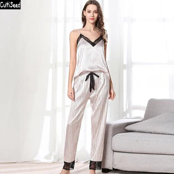 

Cultiseed Women Pajamas 2020 Fashion Female Sexy V neck Lace Top+Striped Long Pant 2pc Sleep Nightgown Set Ladies Home Pajamas