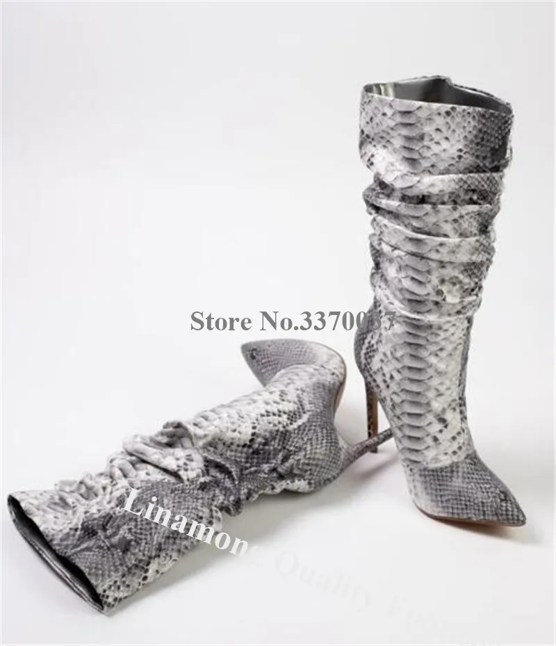 New Fashion Women Pointed Toe Knee High Snake Leather Stiletto Heel Boots Pleated Long High Heel Boots Evening Dress Shoes