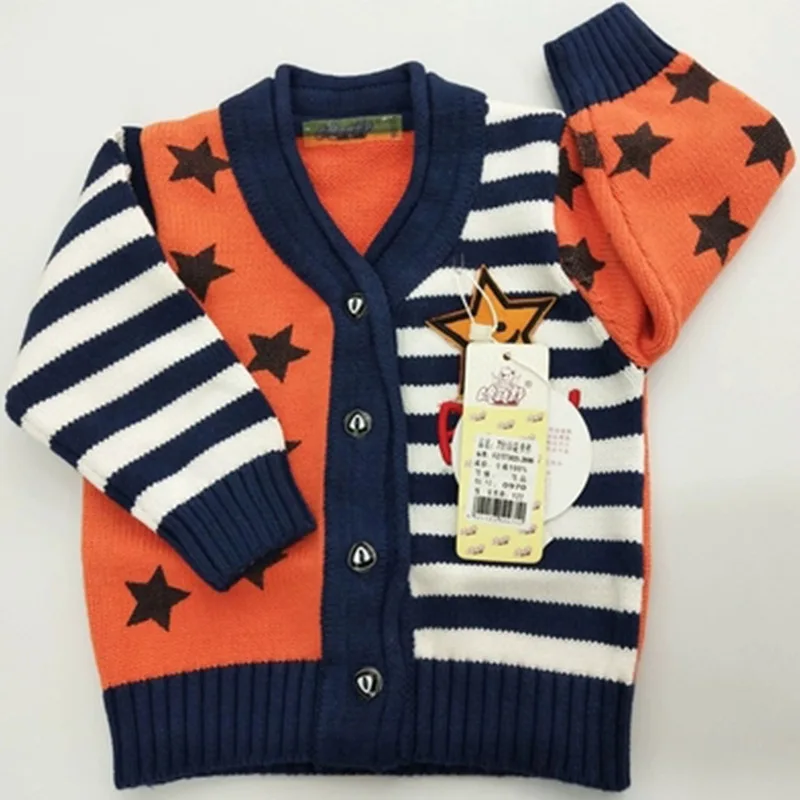 

2019 Korean-style Male Baby Sweater Infant Knit Base Cardigan Pure Cotton Wire V-neck Shirt Stripe Spell Color Coat