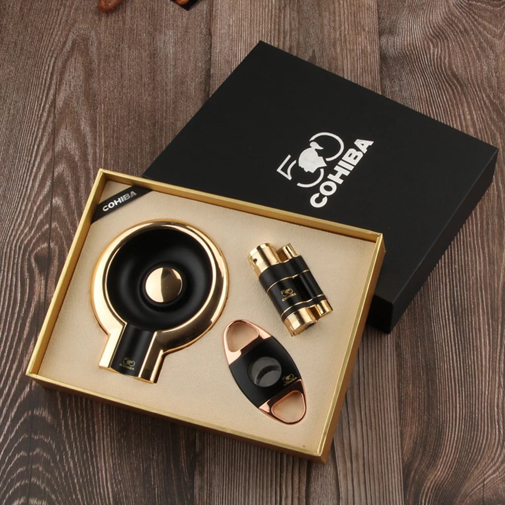 COHIBA сигарный набор ветрозащитные газовые зажигалки для сигар металлический резак для сигар острое лезвие из нержавеющей стали портативная уличная пепельница Sigaar - Цвет: Black
