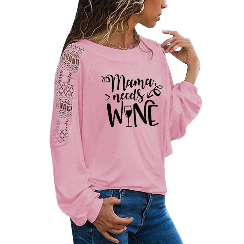 8 Женская футболка с надписью Mama Need Wine, футболка с длинным рукавом, модная уличная футболка, женская футболка большого размера, свободный кружевной топ - Цвет: 8