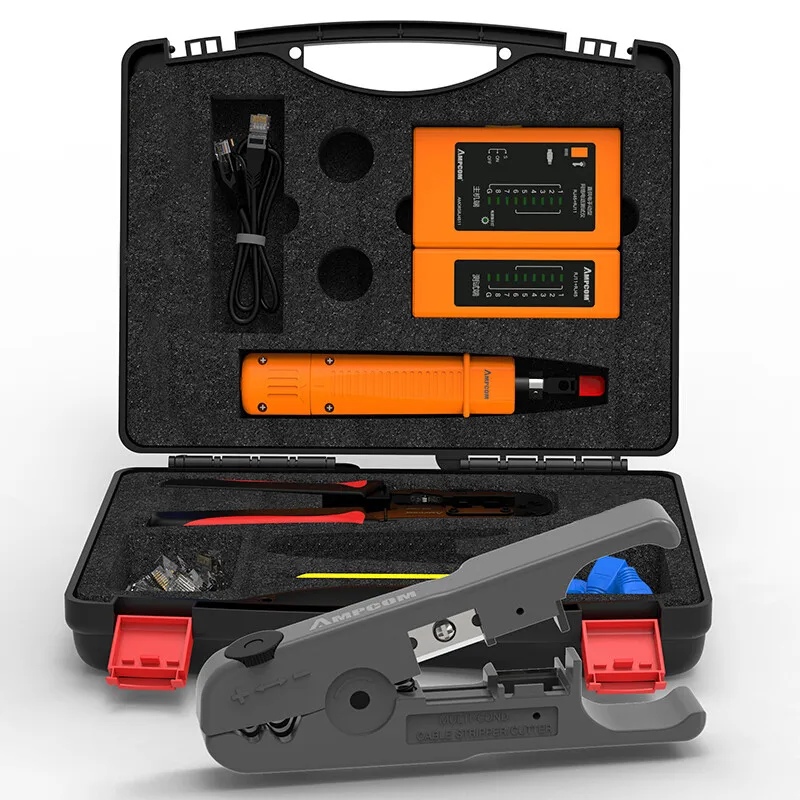 Network Tool Kit, AMPCOM 11 in 1 Professional Portable Ethernet Computer Maintenance LAN Cable Tester Repair Set