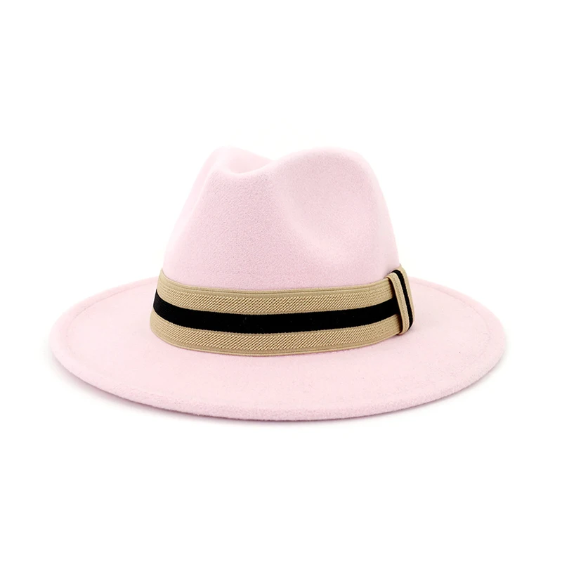 pink fedora FS для женщин и мужчин желтый розовый шерстяной джазовый шляпа красный зимний теплый котелок Fedora шапки для дам простые с широкими полями Trilby Chapeau с лентой - Цвет: pink fedora