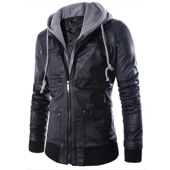 

Men's PU Leather Jackets Zipper Pocket Hooded Jacket Men's Casual Slim Fake Two Pieces Coat Faux Leather Motorcycle Jackets