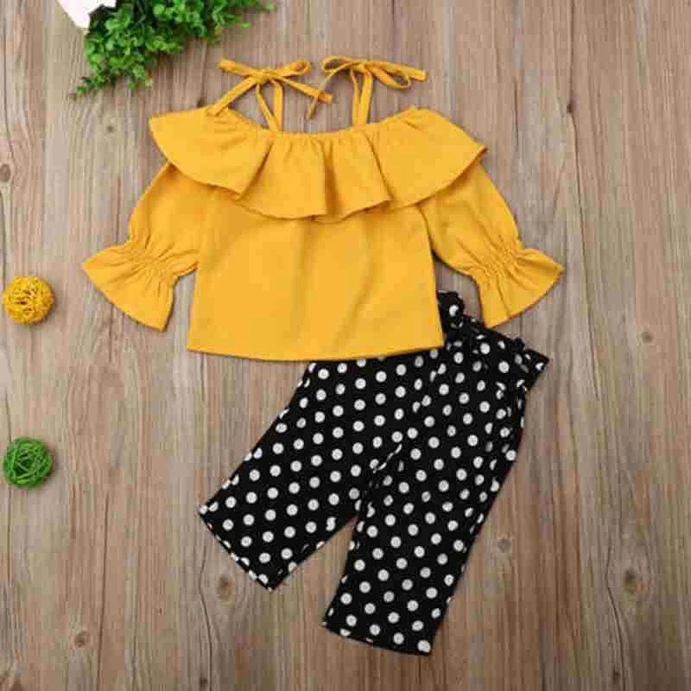 

LOOZYKIT Baby Summer Clothing Infant Kids Baby Girl Clothes Sets Ruffle Yellow Tops+Polka Dot Pants Leggings Outfits Sunsuit