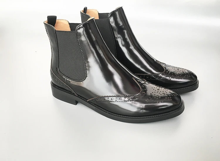 BELLECOM Chelsea Woman Flat Bottom Single Boots And Naked Cloth Locke Carving Short Boots England Bright Leather Circle Head