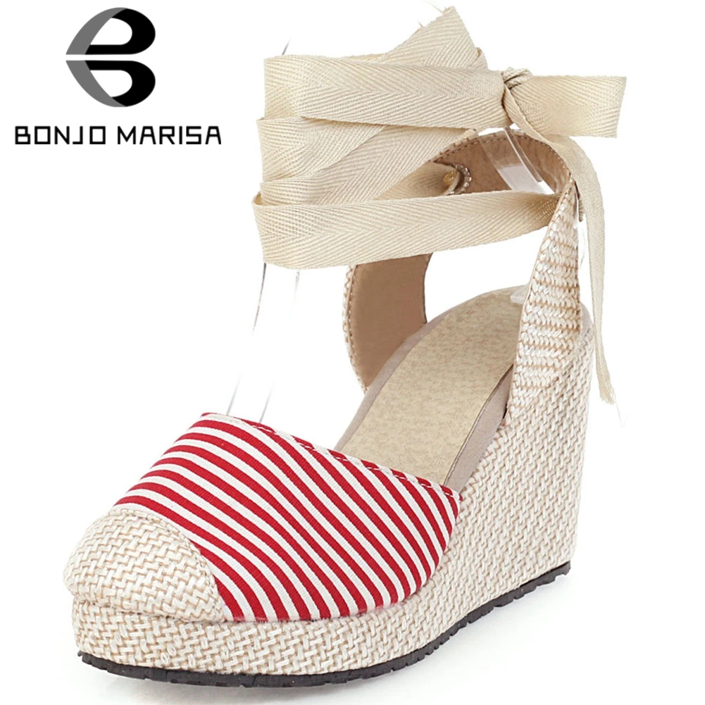 

BONJOMARISA Classic Female Summer Sandals Platform Round Toe Striped Ankle Strap High Wedges Sandals Women Casual Shoes Woman
