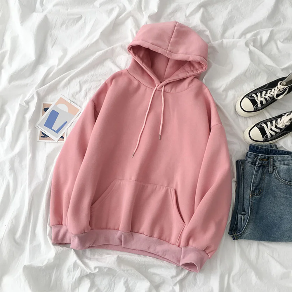 

Winter Plus Velvet Women Hoodie Thicken Solid Color Casual Loose Sweatshirt Simple New Fashion Basic Hoodie Tops Korean Style