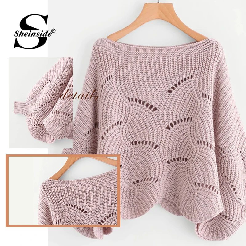 Sheinside Розовый Повседневный полый свитер для женщин осенний свитер с рукавами «летучая мышь» женский топ с петельками