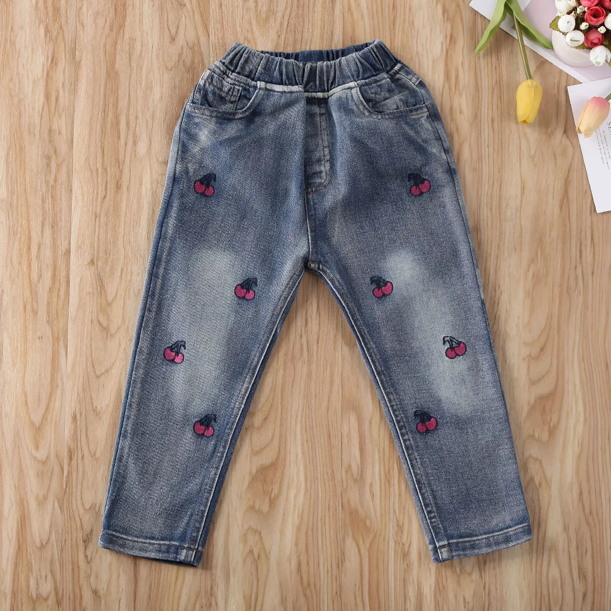 Модные джинсы для маленьких девочек, джинсовые штаны, леггинсы с эластичной резинкой на талии и От 2 до 7 лет принтом, штаны, одежда