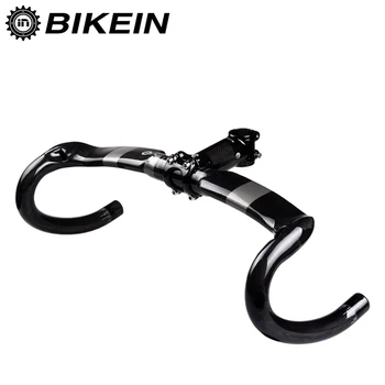 

BIKEIN Carbon Racefiets Stuur Drop Bar 400/420/440mm en Stem 80/90/100/110mm Glossy Zwart Fiets Onderdelen 355g