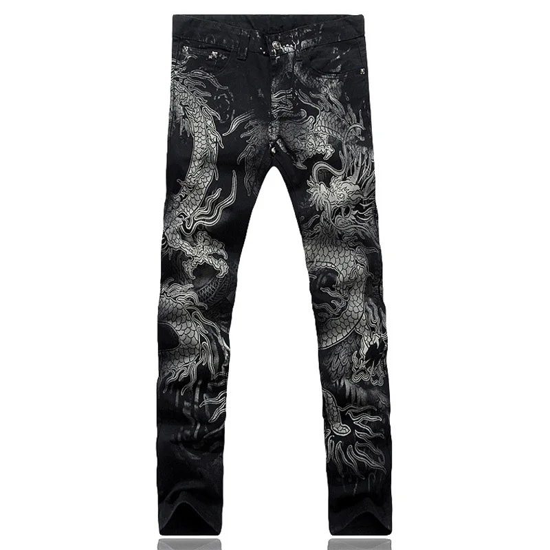 Новые мужские Модные джинсы с принтом дракона, мужские обтягивающие джинсы с цветным рисунком, эластичные черные длинные брюки