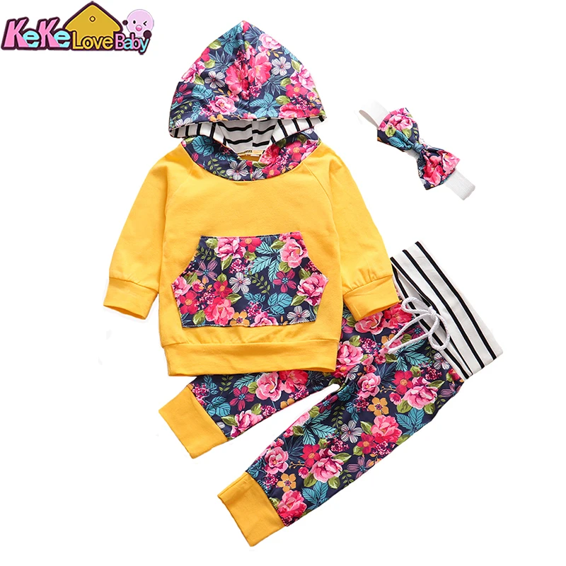 Pullover Clothing-Set Outfit Vest Hoodie Headband Floral-Pants Newborn Baby-Girl Fashion