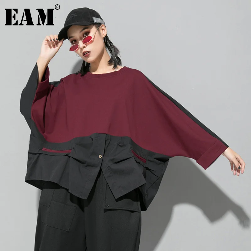 

[EAM] Loose Fit Contrast Color Oversized Sweatshirt New Round Neck Long Sleeve Women Big Size Fashion Autumn Winter 2019 1D716