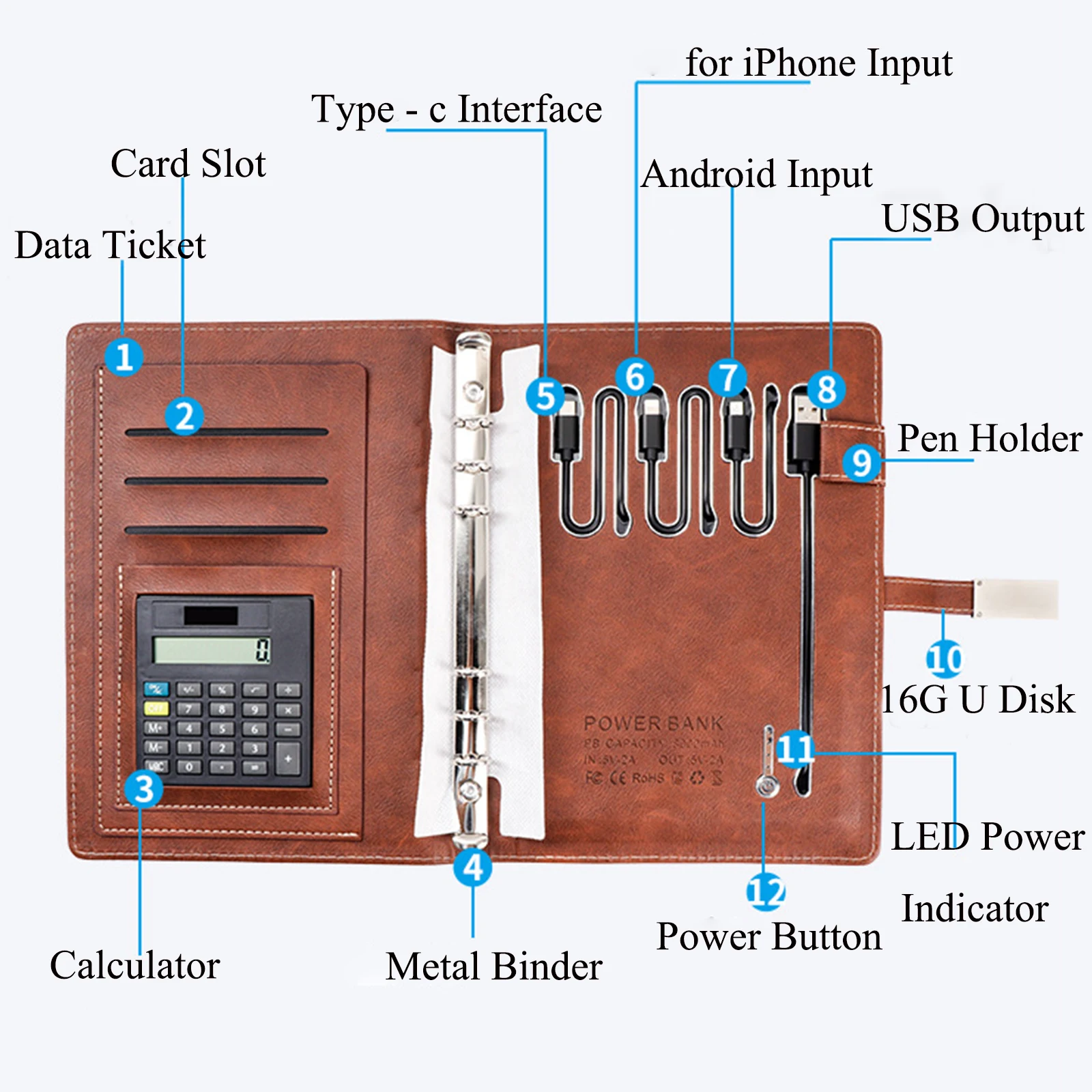 Pasta de Couro Organizador com Banco Multifuncional Padfolio Pasta Negócios Notebook Potência u Disco Carteira Escritório a5 2 negócios notebook organizador com banco potência u