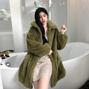 light green Норка весь мех Женская длинная юбка пальто с воротником Зимняя Толстая теплая женская Норковая Меховая куртка - Цвет: light green