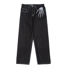 

Mens Jeans Pants Retro Skull Hand Bone Embroidery Washed Vibe Style Straight Casual Oversize Jeans Denin Trousers Streetwear