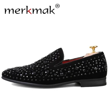 

Merkmak Velvet Crystal Men's Loafers Big Size 37-48 Casual Noble Rhinestone Black Men Dress Shoes Soft Man Moccasins Footwear
