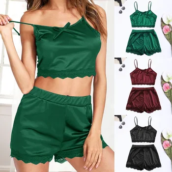 

Women Lace Pajama Set Sexy Lingerie Low Cut Straps Shorts Set Sleepwear Suit Sleeveless Nightwear Female Sexy Spaghtti Strap