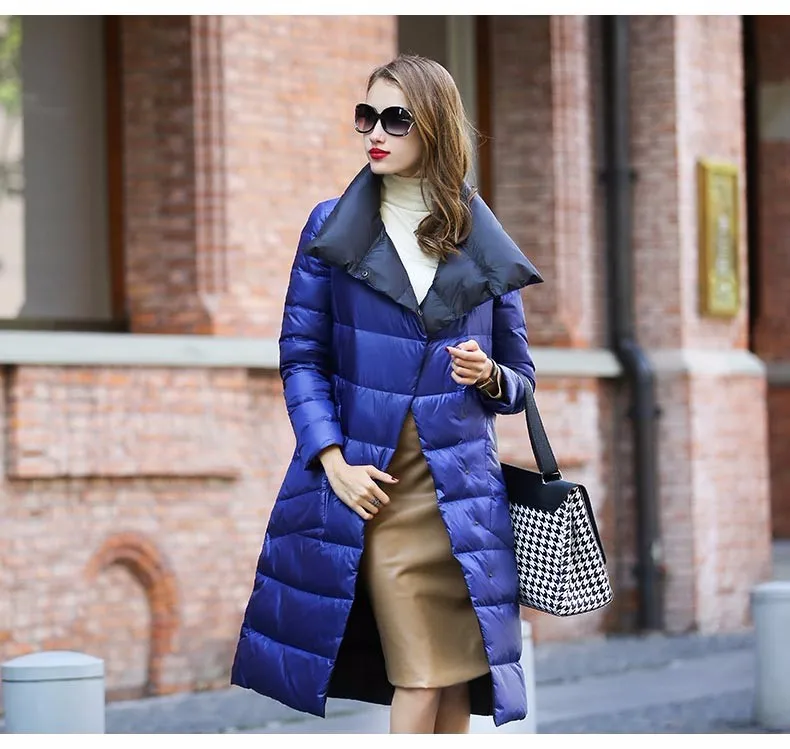 Double Sided Women's Down Jacket Long Winter Turtleneck White Duck Down Coat Female Double Breasted Plus size Warm Plaid Parkas