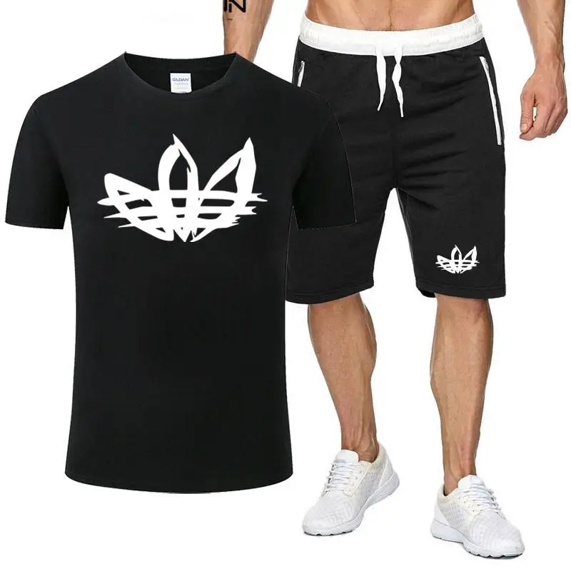 

New T shirt set 2 Pieces men Sets Male Clothing Sportswear Set Fitness Summer Funny Pattern Print Men Shorts+T shirt Men's Suit